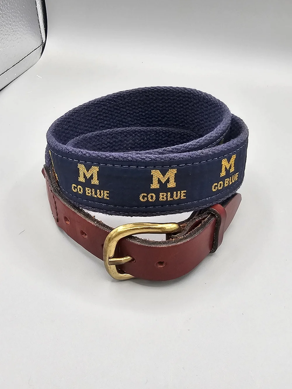 University Michigan Wolverines Belt Leather Mens 38 Handmade Solid Brass Blue